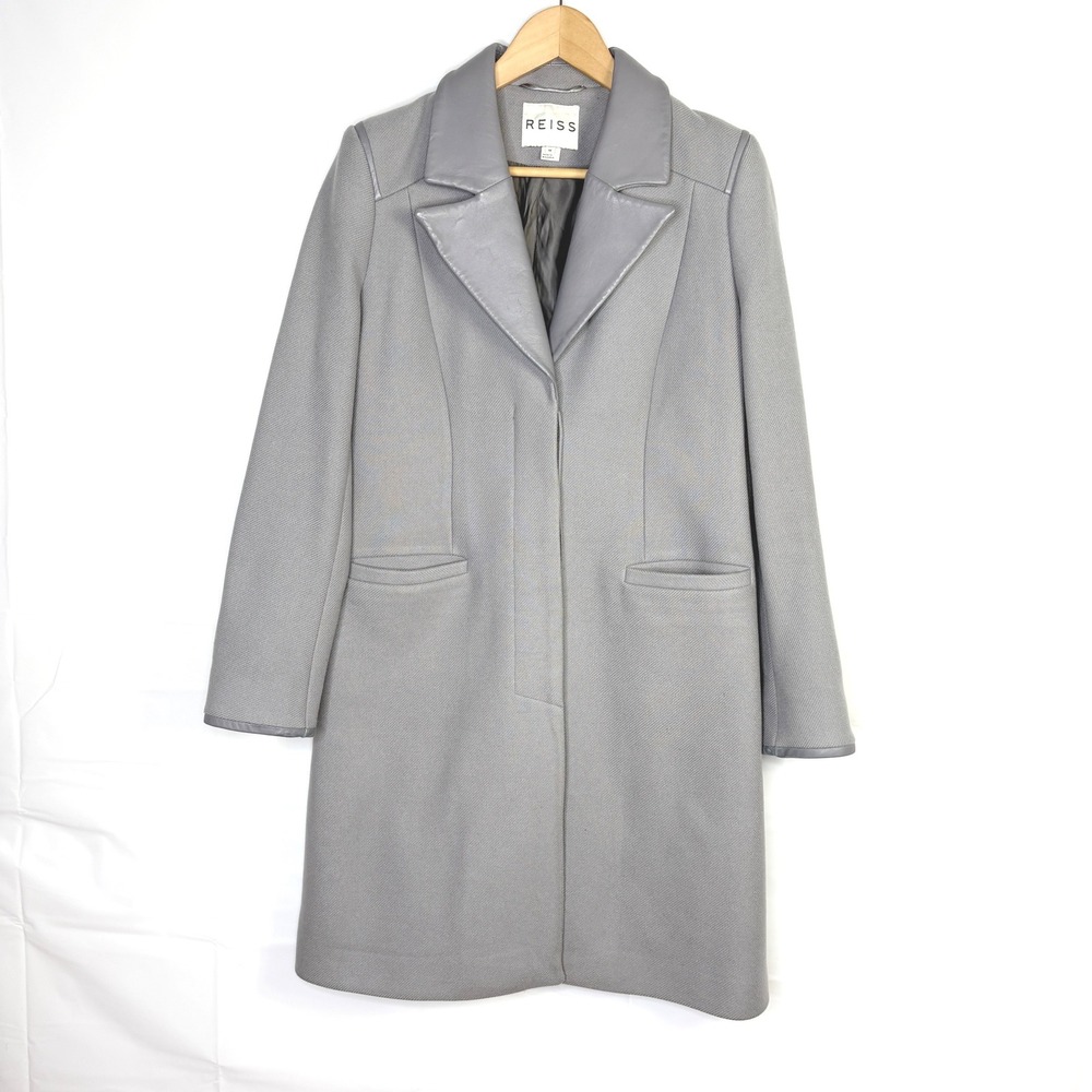 REISS Grey Wool Blend Coat with‎ Leather Trim Medium Gray Old Money M - Picture 2 of 16